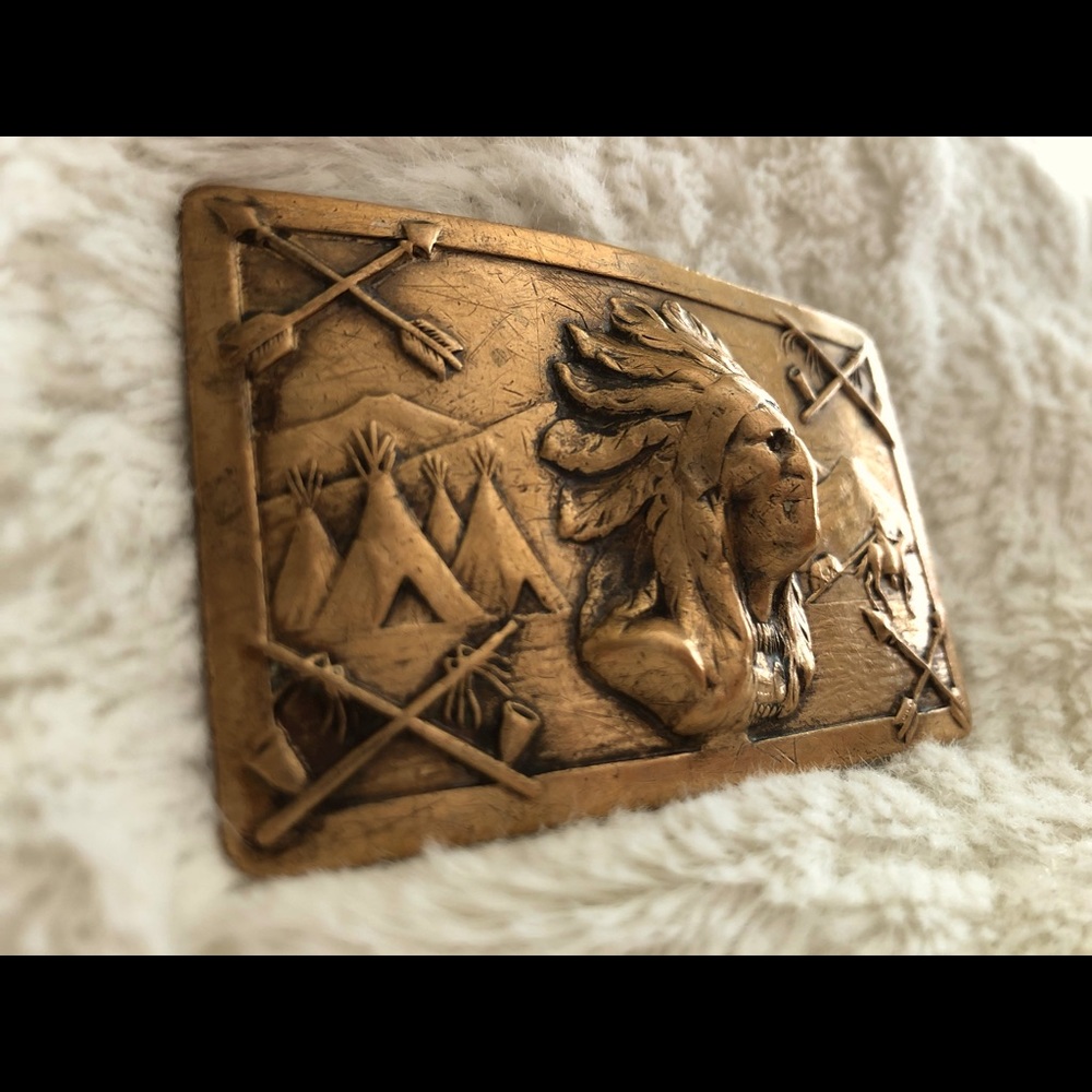 Vintage 1940s Patented Indian Chief Brass Belt Buckle - Picture 2 of 6